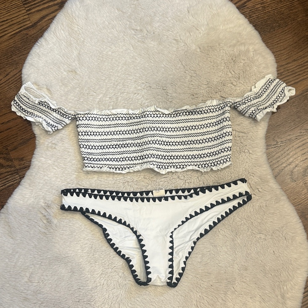 l*space White Bikini Set with Black Crochet Trim